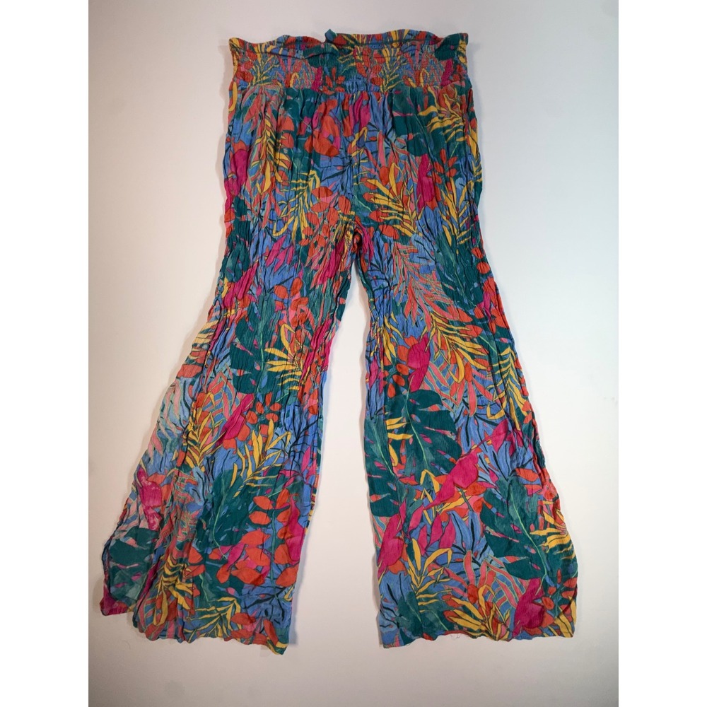 Kona Sol Tropical Floral Smocked Wide Leg Beach Pants Large Blue Pink Crinkle